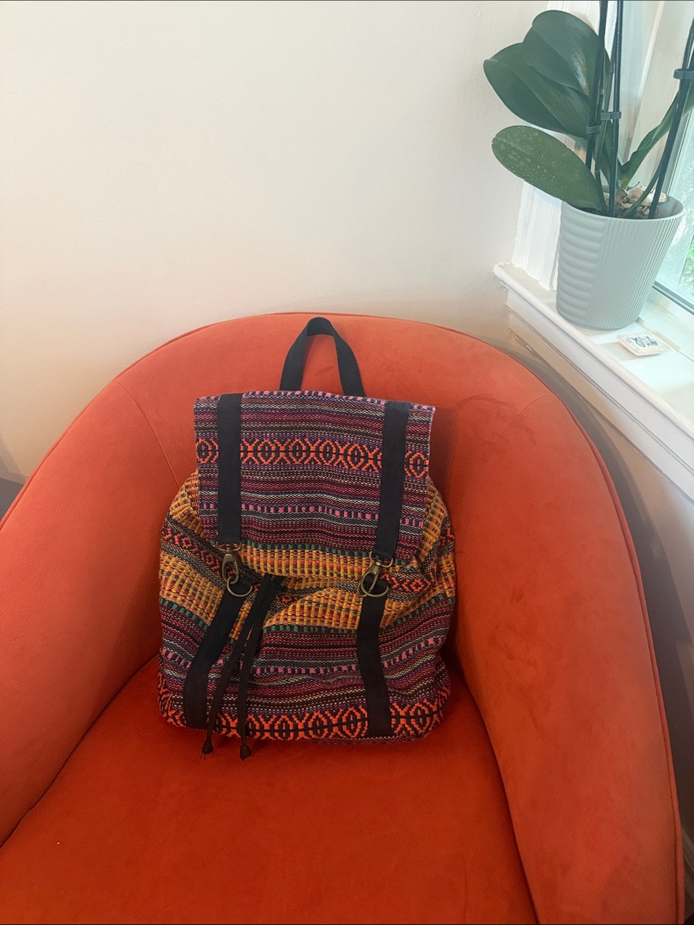 Colorful Woven Multicolor Backpack with Black Trim